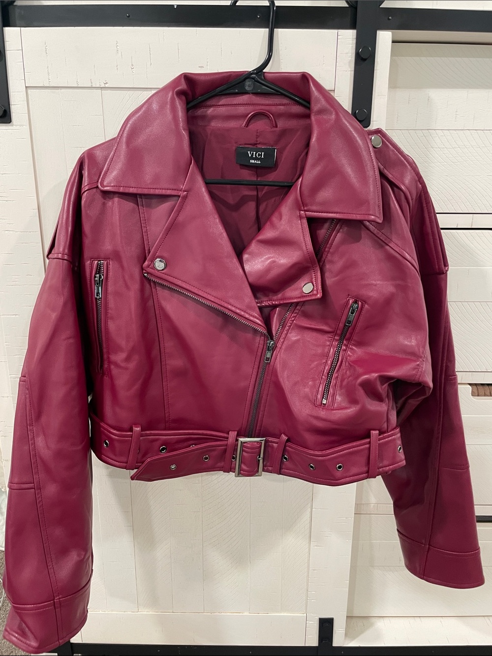 VICI Women's Plum Faux Leather Moto Jacket with Belt